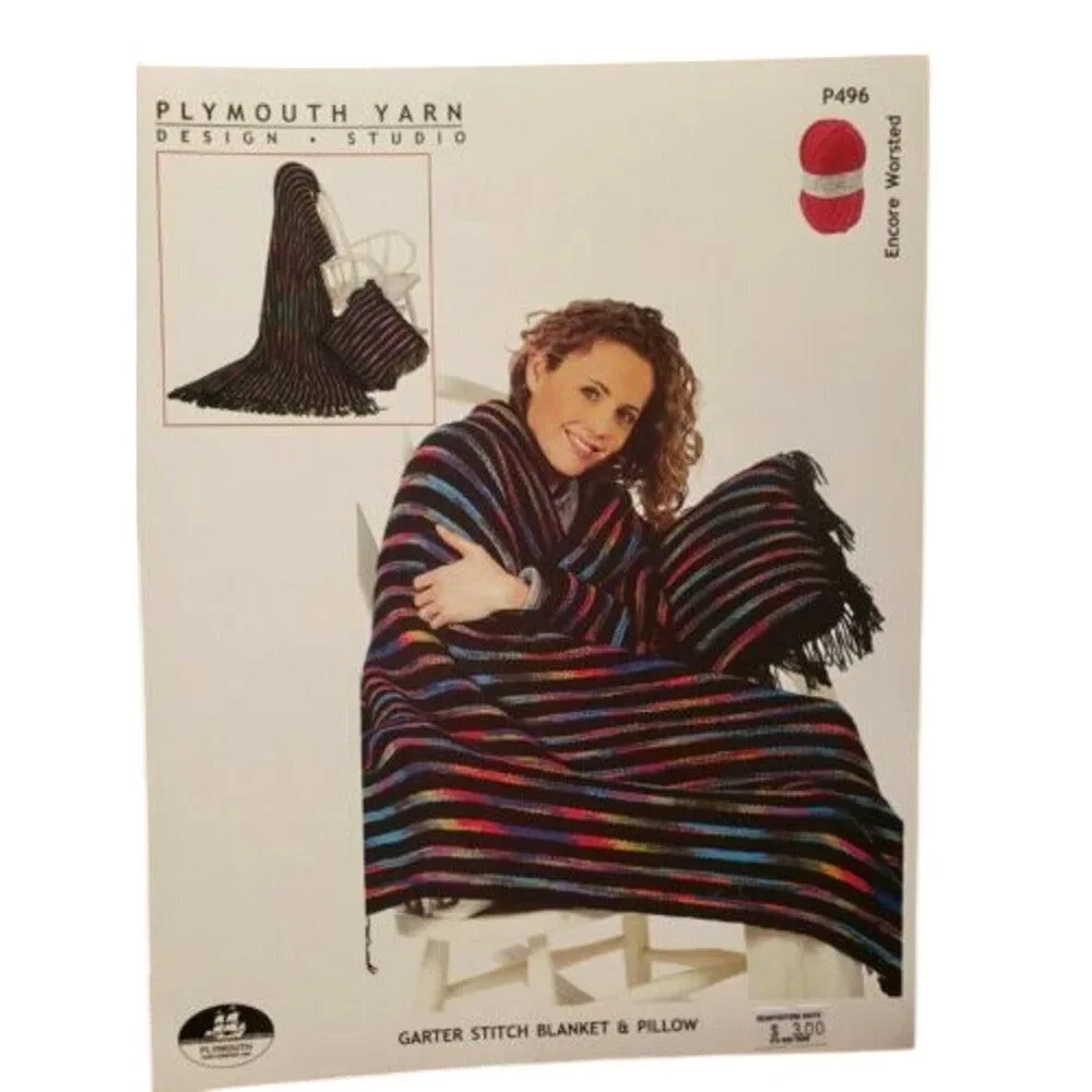 New 2005 Plymouth P496 Encore Worsted Garter Blanket Pillow Knitting Pattern
